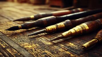 Close Up of Wooden Handled Carving Tools with Golden Accents on Textured Wood photo