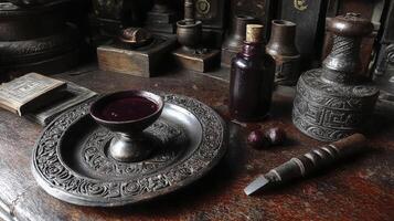Dark Red Plant Dyeing Setup on Ornate Plate photo