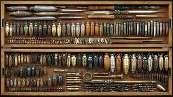 Detailed View of Two Wooden Drawers Filled with Preserved Insects and Entomology Tools photo