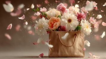 Beautiful bouquet of flowers in a bag with petals falling gracefully in soft light photo
