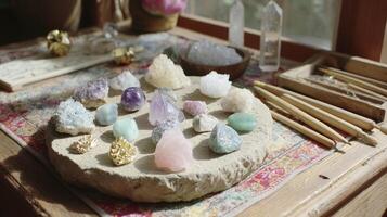 Colorful Crystal and Gemstone Collection on Stone Surface photo