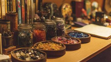 Colorful Crystals and Gemstones on Wooden Table in Warm Lighting photo