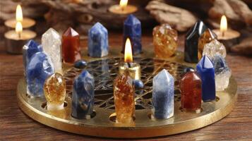 Colorful Crystals Arranged on Gold Grid with Candles photo