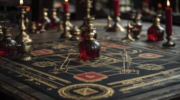 Dark Red Glass Bottles and Candles on a Mystical Black Cloth with Gold Symbols photo