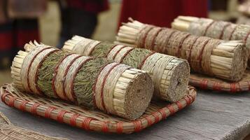 Dried Herb Bundles on Woven Mat photo