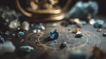 Dark Blue Crystal on Ornate Gold Patterned Surface photo