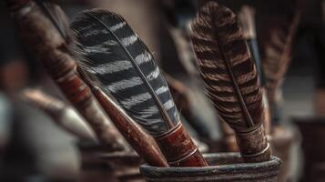 Dark Brown and Black Feather Art Brushes in Rustic Container photo