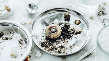 Fossil Cleaning Station Detail Pale Yellow Fossils and Dark Sediment on Metal Tray photo