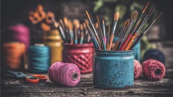 Colorful Yarn and Paintbrushes on Rustic Wooden Table photo