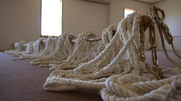 Cream Colored Ropes and Cords Arranged on Tan Carpet in a Room photo