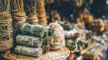 Dried Herb Bundles on Woven Mat Rustic Market Display photo