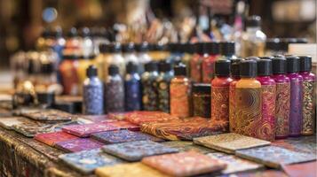 Colorful Paint Bottles and Patterned Coasters on Wooden Table photo