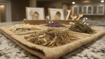 Dried Herbs and Spices on Burlap Mat in Kitchen Setting photo