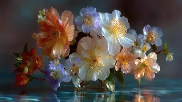 Vibrant floral arrangement in soft colors placed in a clear vase on a reflective surface photo