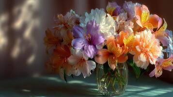 Beautiful floral arrangement featuring colorful lilies and alstroemerias in a glass vase on a soft background photo