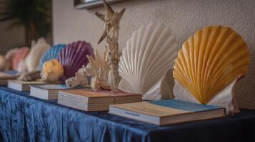 Colorful Seashells and Books on Navy Blue Table photo
