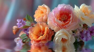 Colorful floral arrangement showcasing roses and violets with a soft fabric background in tranquil settings photo