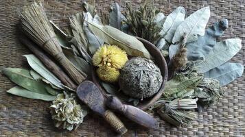 Dried Herbs and Botanicals on Woven Mat with Wooden Tools photo