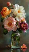 Beautiful bouquet of colorful flowers in a glass jar on a simple background photo