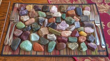 Colorful Tumbled Stone Collection Displayed on Woven Mat photo