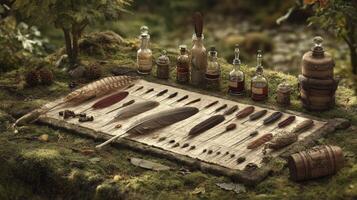 Feathers and Bottles on Mossy Mat in Forest Setting photo