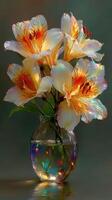 Colorful flowers in a crystal vase showcase intricate natural beauty in a serene indoor setting photo