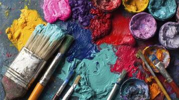 Colorful Paint and Brushes on Dark Surface photo