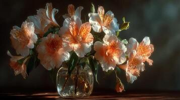 Vibrant bouquet of orange and white flowers in a glass vase on a wooden table with soft lighting photo
