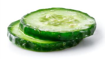 Two Crisp Green Cucumber Slices Isolated on White Background photo