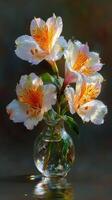 Beautiful bouquet of alstroemeria flowers in a glass vase on a reflective surface with soft lighting photo