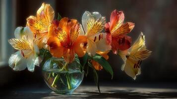 Colorful bouquet of orange and white flowers in a glass vase on a wooden table in soft natural light photo