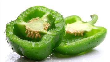 Two Slices of Fresh Green Bell Pepper on White Background photo
