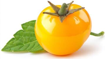 Bright Yellow Cherry Tomato with Green Leaf on White Background photo