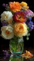 Vibrant bouquet of assorted flowers in clear vase with reflective surface captured in soft light photo