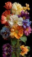 Beautiful bouquet of colorful flowers in a glass vase with droplets on a black background photo