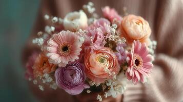 Beautiful spring bouquet held by a person showcasing delicate pastel flowers in a cozy indoor setting photo