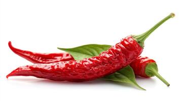 Closeup of Fresh Red Cayenne Peppers with Green Leaves on White Background photo