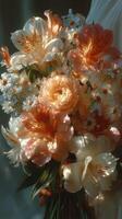 Beautiful bouquet of soft peach and white flowers held lovingly in sunlight by a person with delicate hands photo