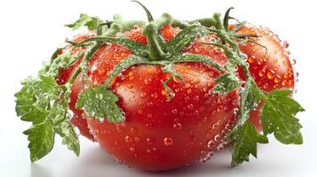 Closeup of Three Juicy Red Tomatoes with Water Drops and Green Leaves on White Background photo