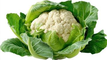 a Crisp White Cauliflower with Green Leaves Isolated on White Background photo