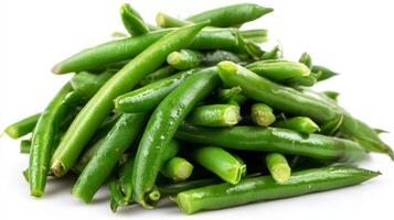 Fresh Green Beans Pile on White Background photo