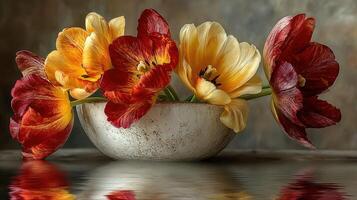Vibrant tulips in a decorative bowl reflecting on a smooth surface in a cozy indoor setting photo