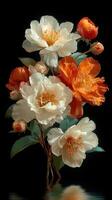 Beautiful bouquet of vibrant flowers with peonies, featuring white and orange blooms against a dark background photo