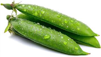 Three Crisp Green Snow Peas with Water Droplets on White Background photo