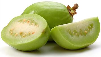 Bright Green Guava Fruit Slices on White Background photo
