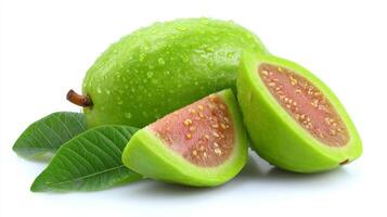 Bright Green Guava Slices and Whole Fruit with Leaves on White Background photo