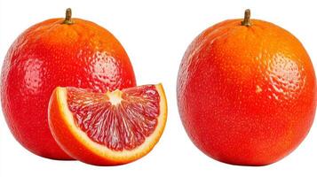 Two Ripe Red Oranges with a Juicy Slice on White Background photo