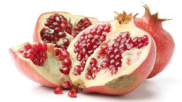 Bright Red Pomegranate Seeds and Fruit Halves on White Background photo