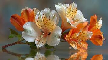 Colorful orange and white flowers arranged beautifully on a reflective surface in soft natural light photo