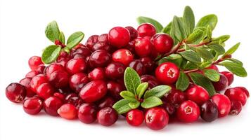 Close up of Juicy Red Cranberries with Green Leaves on White Background photo